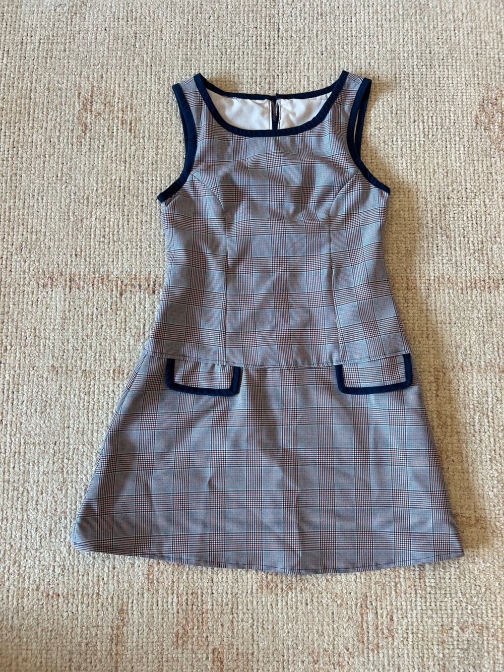 Mod 60s vintage scooter dress - Plaid Sleeveless Dress with Navy Trim - XS